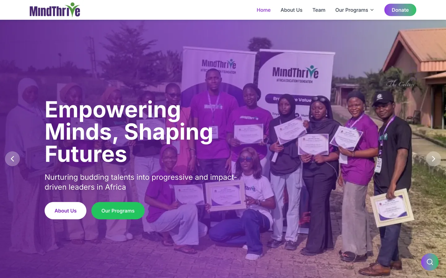 Mind Thrive Africa website, desktop view