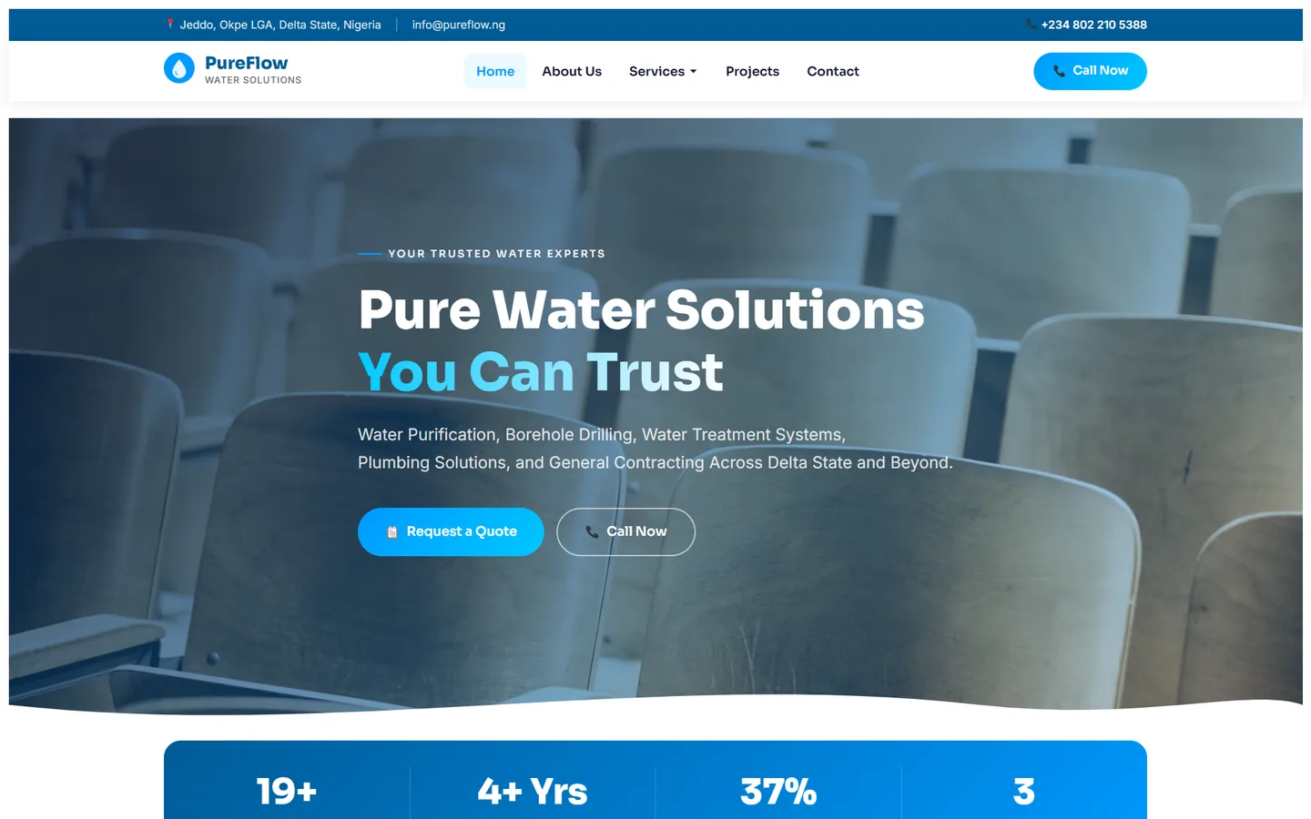 PureFlow Water Solutions website, desktop view